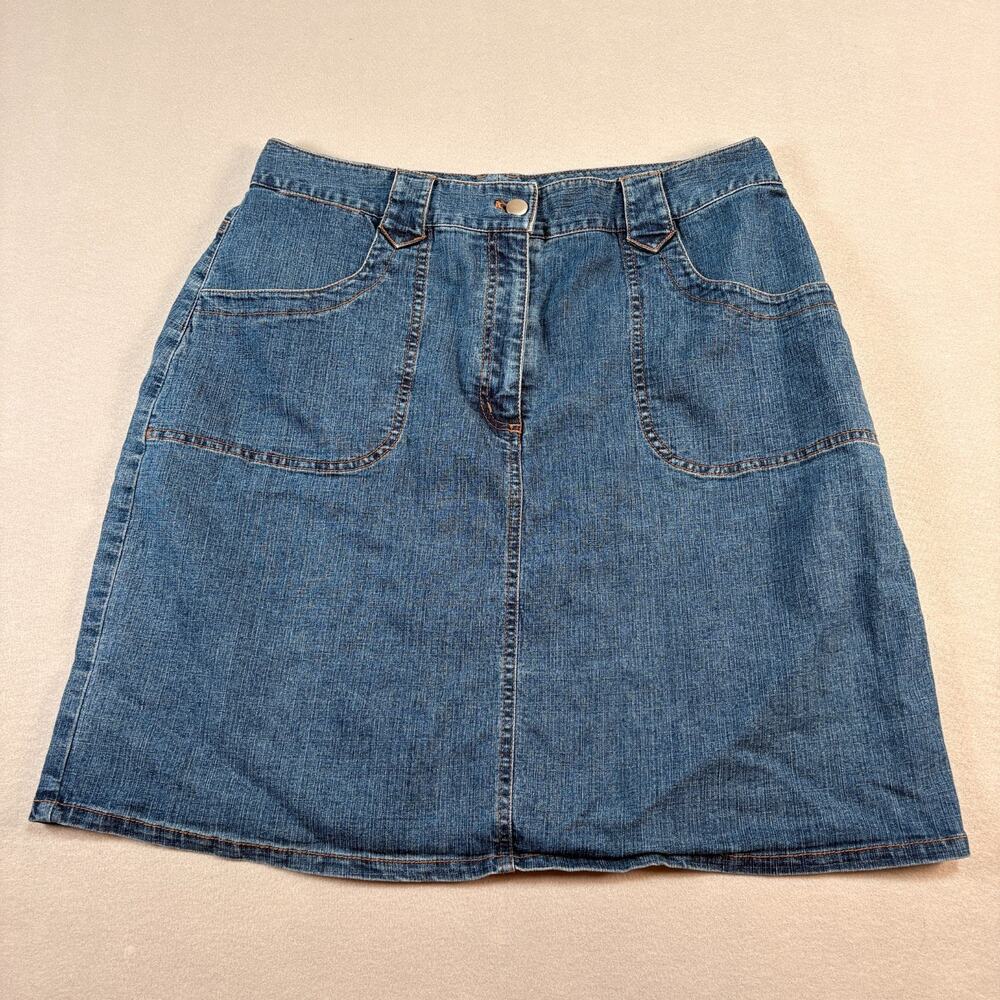 Chico's Women's Size 12 Blue Denim A Line Skirt Contrast Stitch